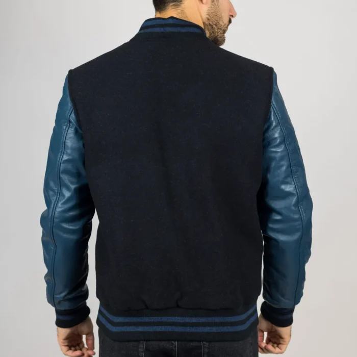 Men's Black Navy Varsity Bomber Jacket Wool Body Real Leather Sleeves College Baseball Coat - Image 7