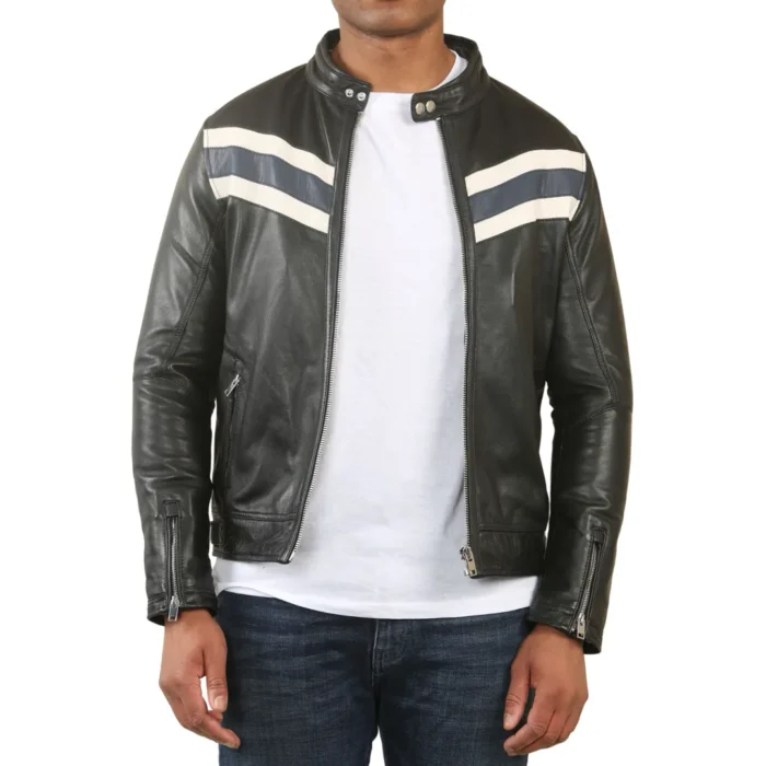 Men's Black Racer Striped Biker Leather Jacket - Image 2