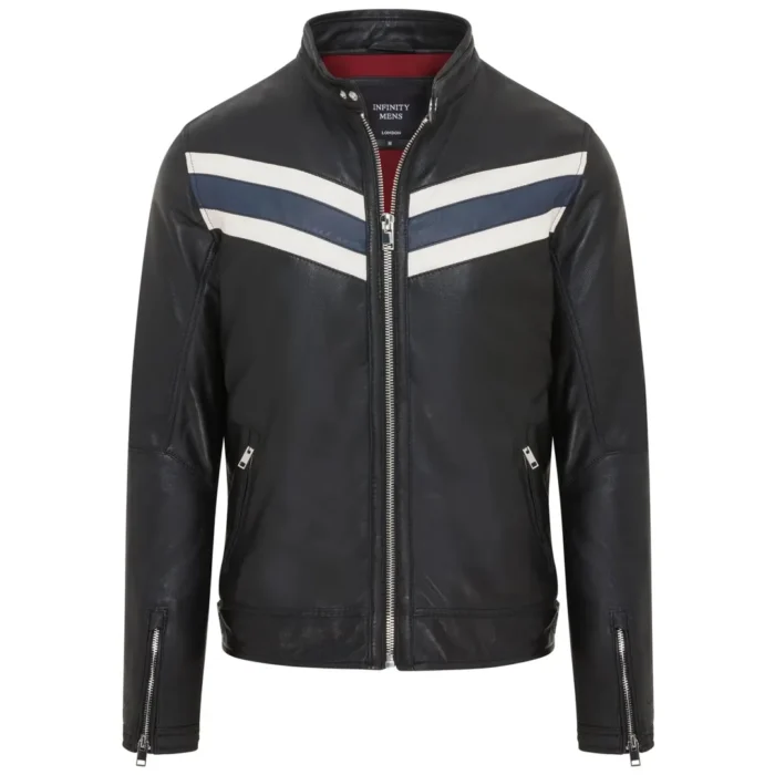 Men's Black Racer Striped Biker Leather Jacket - Image 1