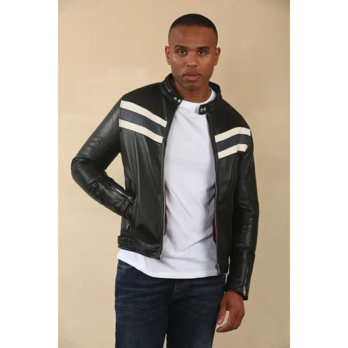 Men's Black Racer Striped Biker Leather Jacket - Image 6