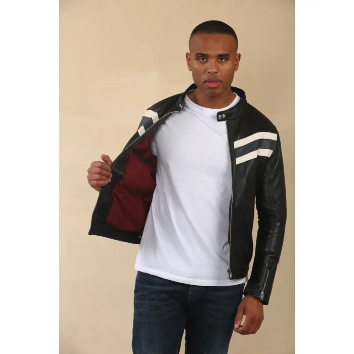 Men's Black Racer Striped Biker Leather Jacket - Image 5