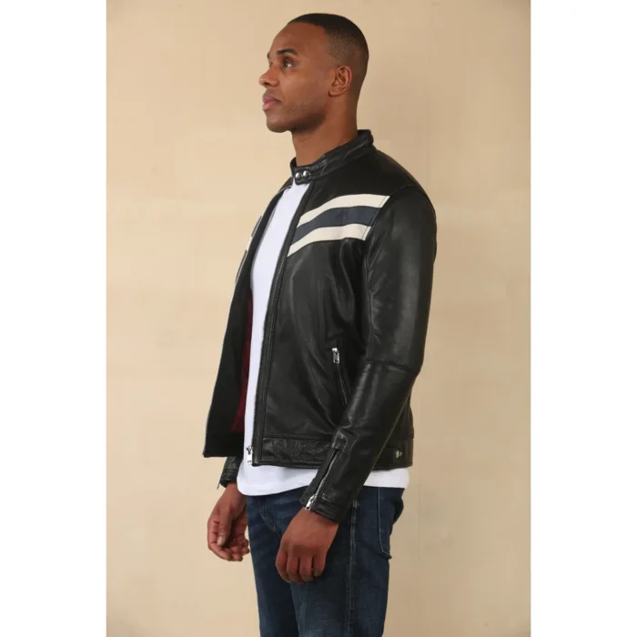 Men's Black Racer Striped Biker Leather Jacket - Image 3