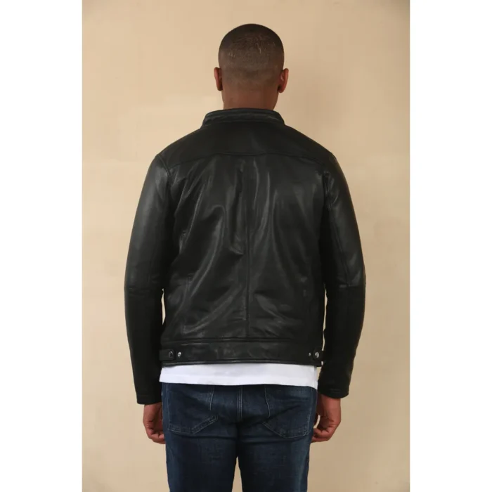 Men's Black Racer Striped Biker Leather Jacket - Image 7