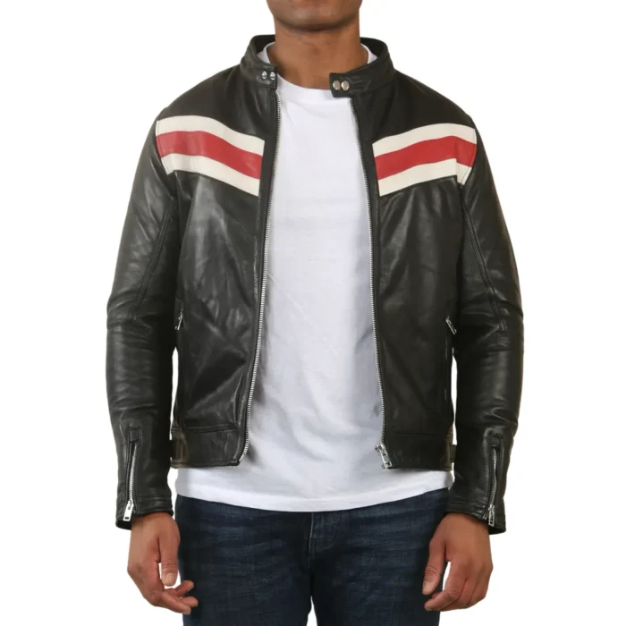 Men's Black Racer Striped Biker Leather Jacket - Image 9