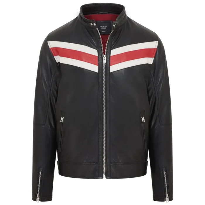 Men's Black Racer Striped Biker Leather Jacket - Image 8