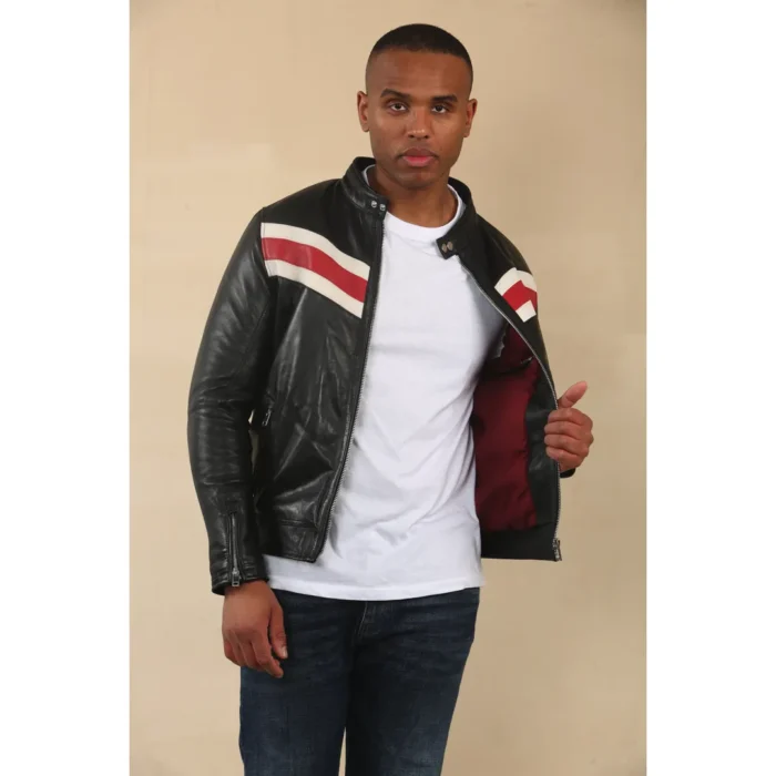 Men's Black Racer Striped Biker Leather Jacket - Image 10