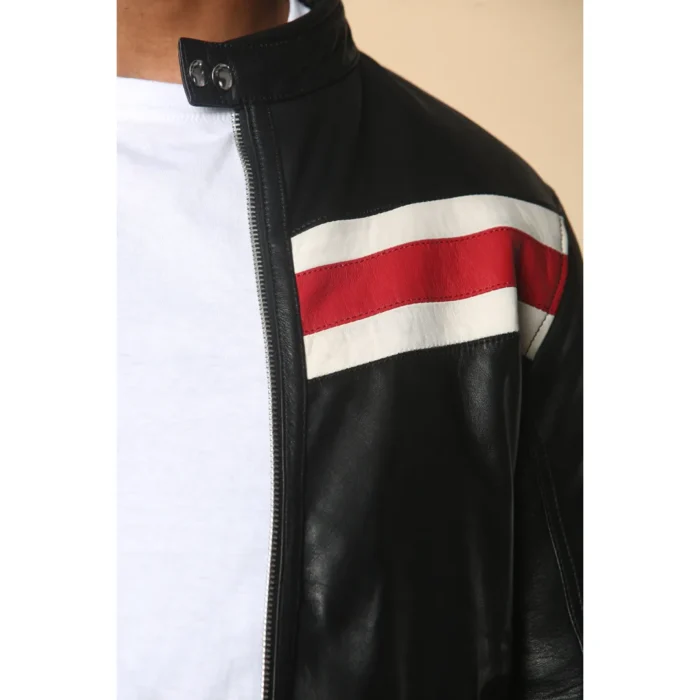 Men's Black Racer Striped Biker Leather Jacket - Image 12