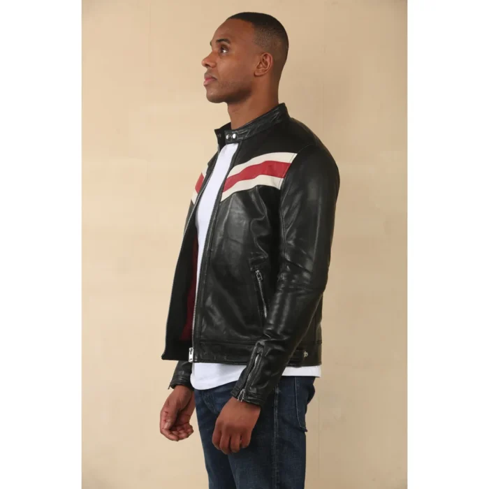 Men's Black Racer Striped Biker Leather Jacket - Image 13