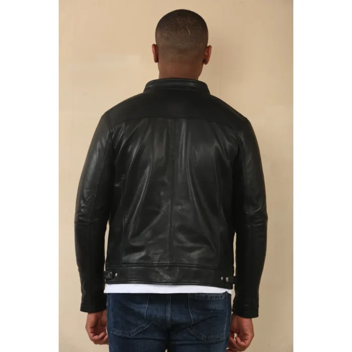 Men's Black Racer Striped Biker Leather Jacket - Image 14