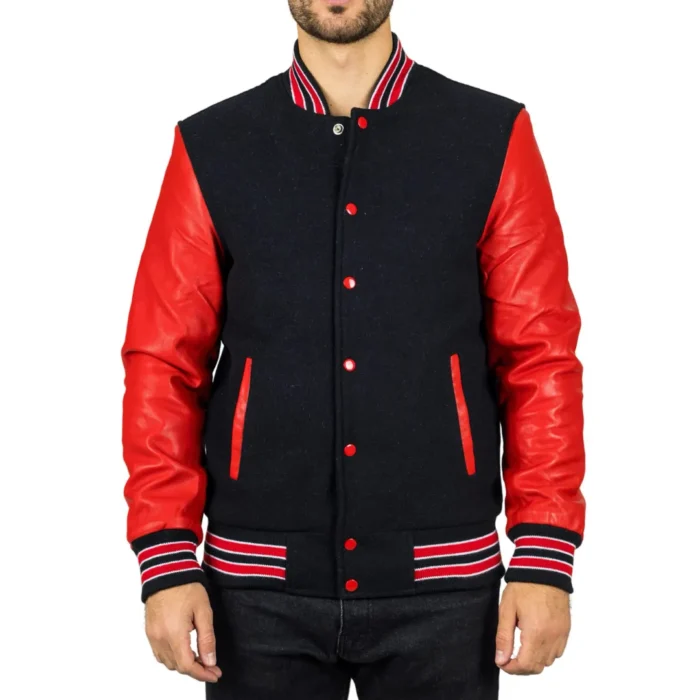 Men's Black Red Varsity Bomber Jacket Wool Body Real Leather Sleeves College Baseball Coat - Image 1
