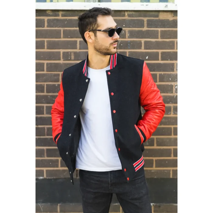 Men's Black Red Varsity Bomber Jacket Wool Body Real Leather Sleeves College Baseball Coat - Image 2