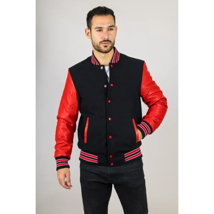 Men's Black Red Varsity Bomber Jacket Wool Body Real Leather Sleeves College Baseball Coat - Image 3