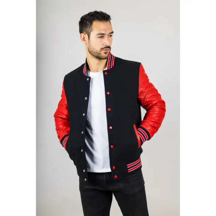 Men's Black Red Varsity Bomber Jacket Wool Body Real Leather Sleeves College Baseball Coat - Image 4