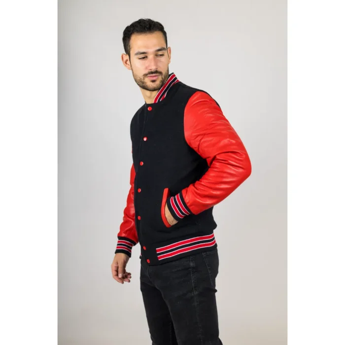 Men's Black Red Varsity Bomber Jacket Wool Body Real Leather Sleeves College Baseball Coat - Image 5