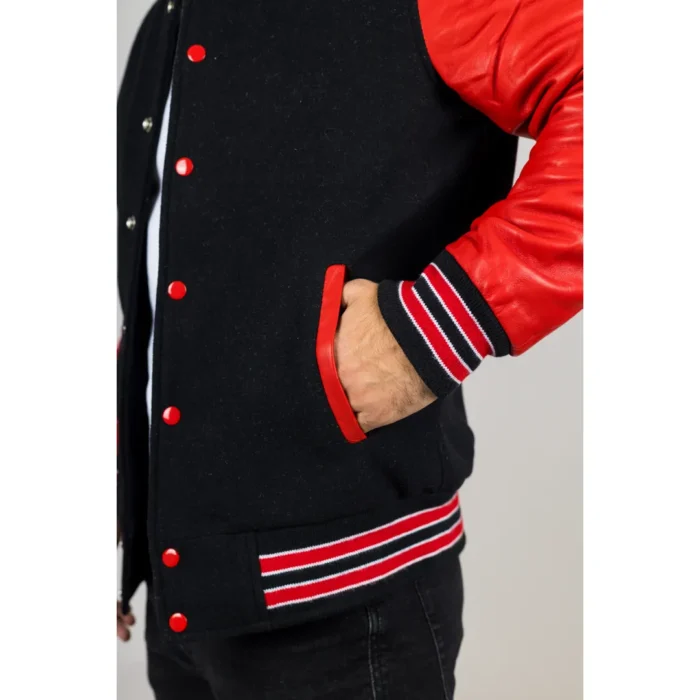 Men's Black Red Varsity Bomber Jacket Wool Body Real Leather Sleeves College Baseball Coat - Image 6