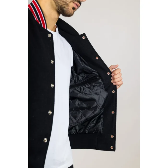 Men's Black Red Varsity Bomber Jacket Wool Body Real Leather Sleeves College Baseball Coat - Image 7