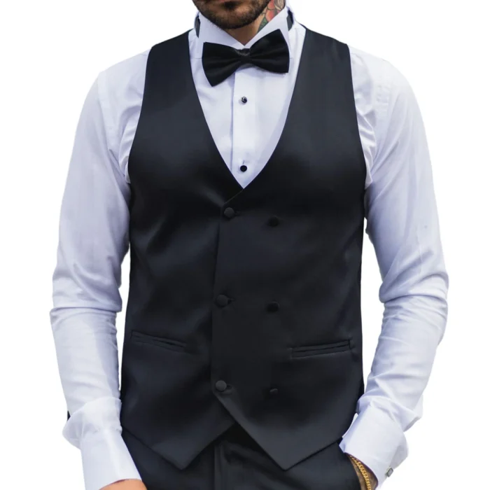 Mens Black Satin Double Breasted Waistcoat Black Tie Dinner Suit Vest Tailored Fit - Image 1