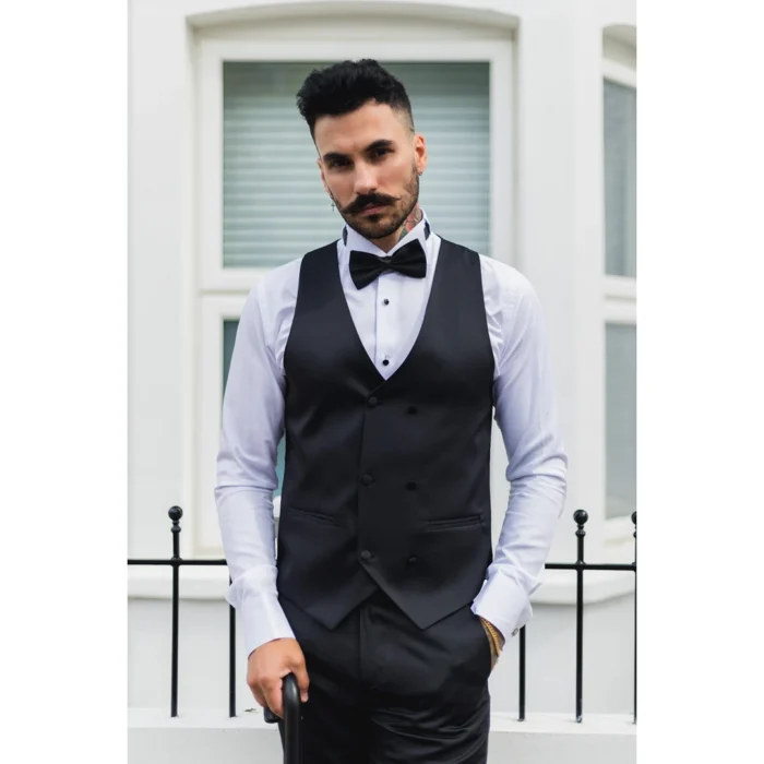 Mens Black Satin Double Breasted Waistcoat Black Tie Dinner Suit Vest Tailored Fit - Image 6