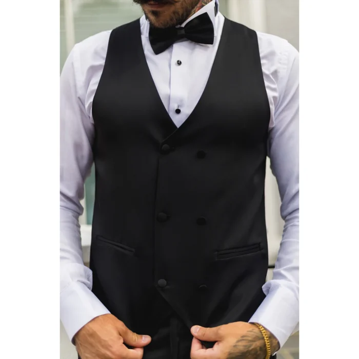 Mens Black Satin Double Breasted Waistcoat Black Tie Dinner Suit Vest Tailored Fit - Image 5