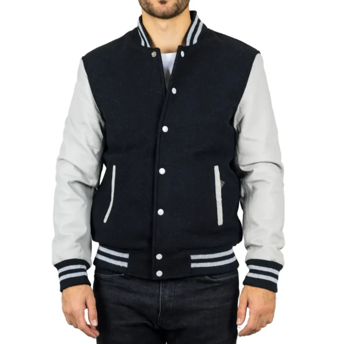 Men's Black White Varsity Bomber Jacket Wool Body Real Leather Sleeves College Baseball Coat - Image 1