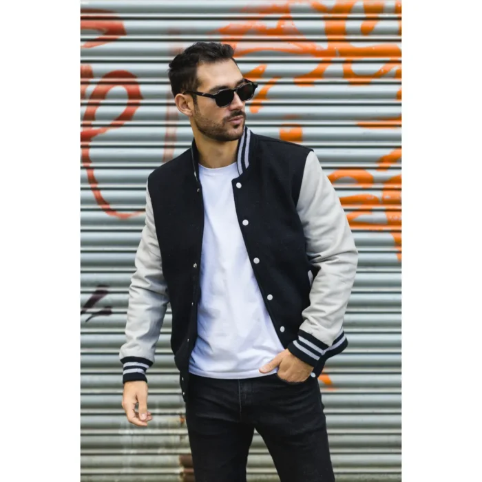 Men's Black White Varsity Bomber Jacket Wool Body Real Leather Sleeves College Baseball Coat - Image 2