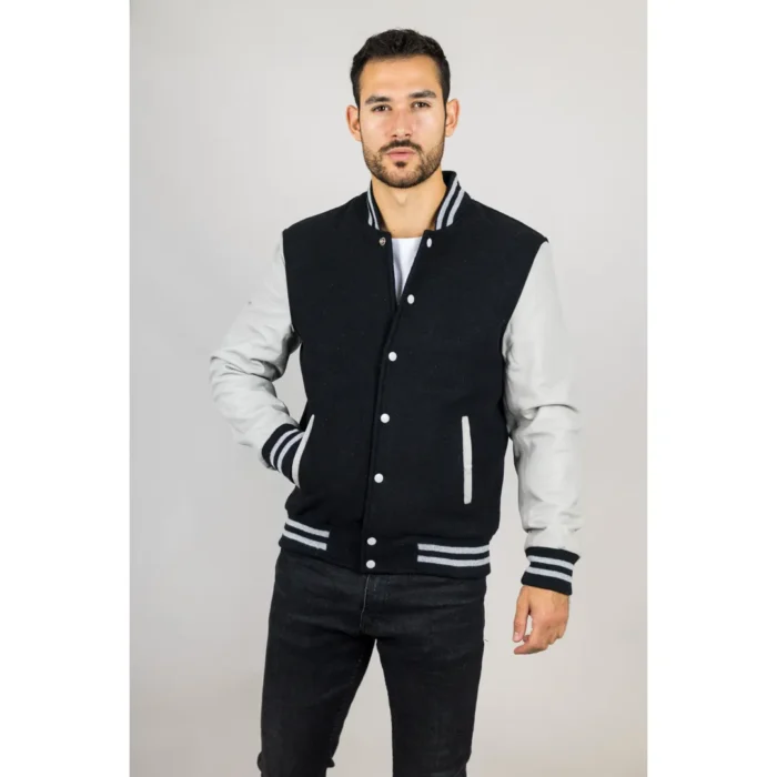 Men's Black White Varsity Bomber Jacket Wool Body Real Leather Sleeves College Baseball Coat - Image 3