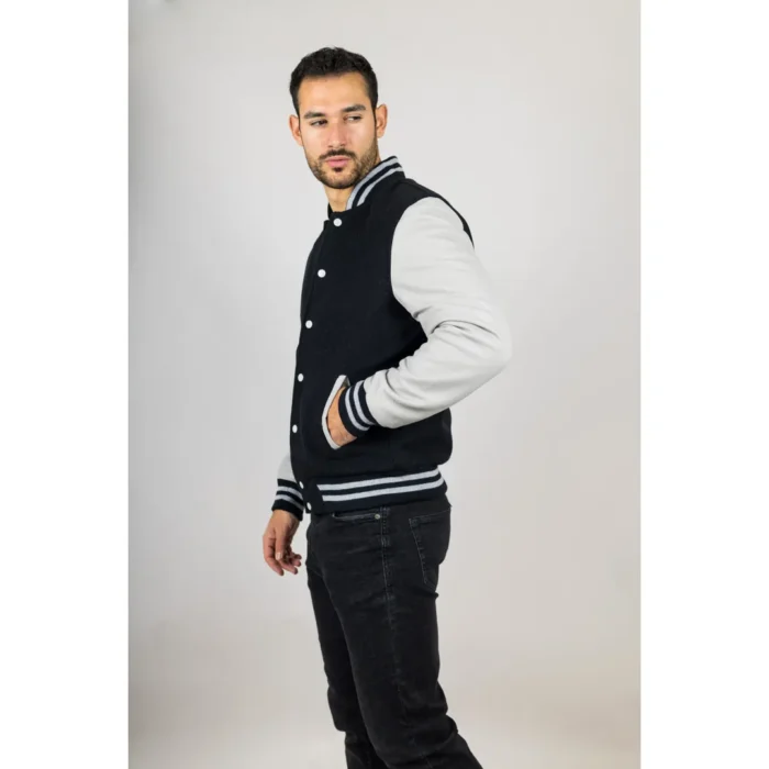 Men's Black White Varsity Bomber Jacket Wool Body Real Leather Sleeves College Baseball Coat - Image 4