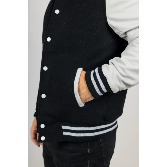 Men's Black White Varsity Bomber Jacket Wool Body Real Leather Sleeves College Baseball Coat - Image 5