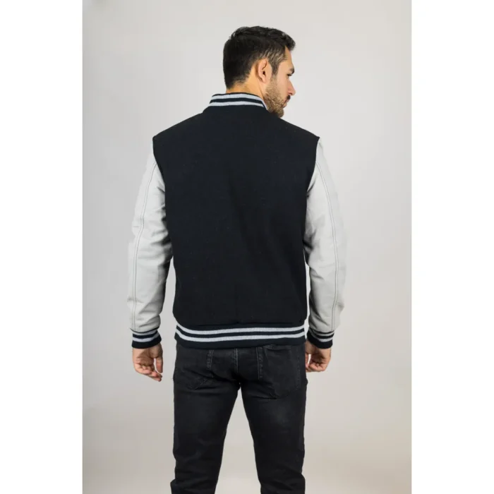 Men's Black White Varsity Bomber Jacket Wool Body Real Leather Sleeves College Baseball Coat - Image 7
