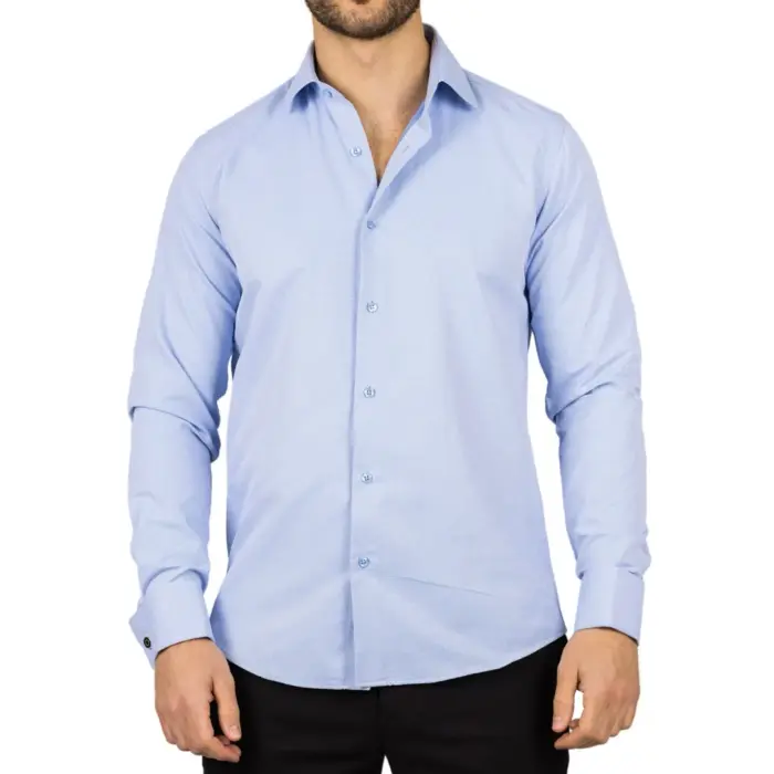 Men's Blue Long Sleeve Regular Fit Double Cuff Twill Oxford Shirt - Image 1