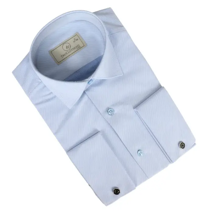 Men's Blue Long Sleeve Regular Fit Double Cuff Twill Oxford Shirt - Image 7