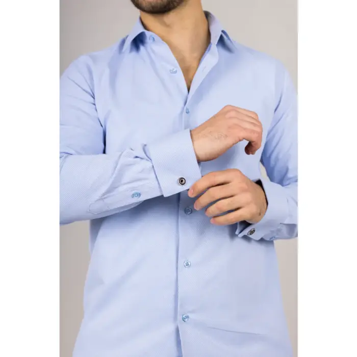 Men's Blue Long Sleeve Regular Fit Double Cuff Twill Oxford Shirt - Image 2