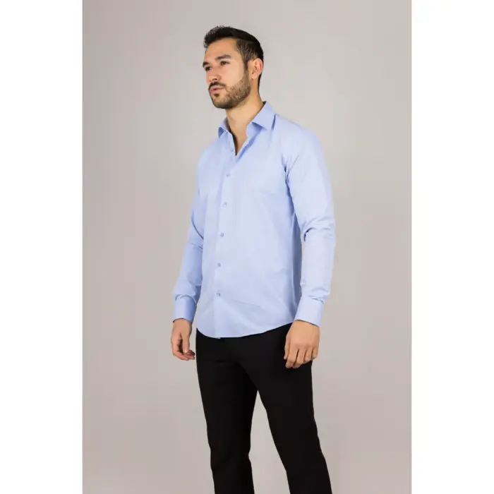 Men's Blue Long Sleeve Regular Fit Double Cuff Twill Oxford Shirt - Image 3
