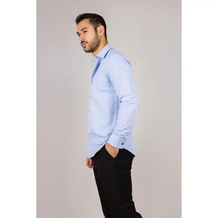 Men's Blue Long Sleeve Regular Fit Double Cuff Twill Oxford Shirt - Image 4