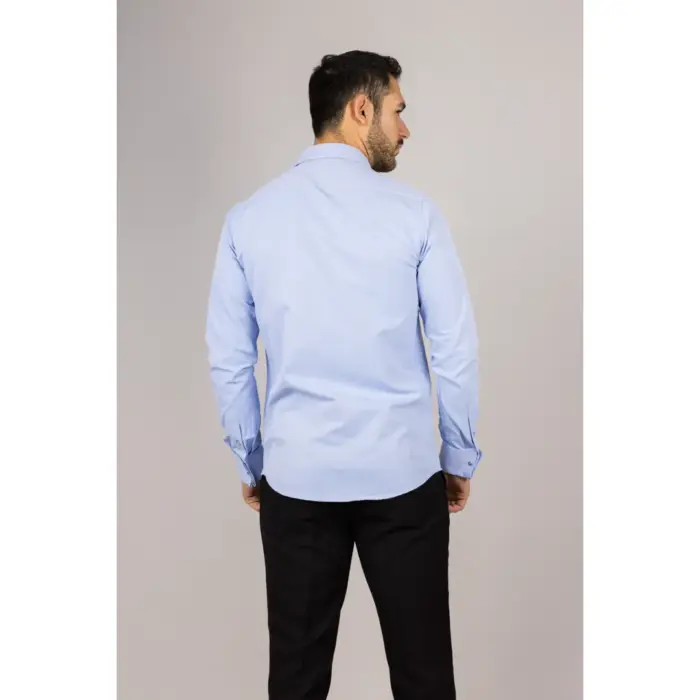 Men's Blue Long Sleeve Regular Fit Double Cuff Twill Oxford Shirt - Image 6