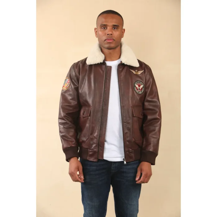 Men's Brown Cowhide Aviator Bomber Leather Jacket - Image 3