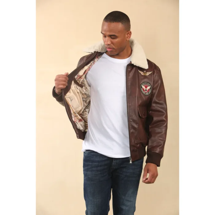 Men's Brown Cowhide Aviator Bomber Leather Jacket - Image 5