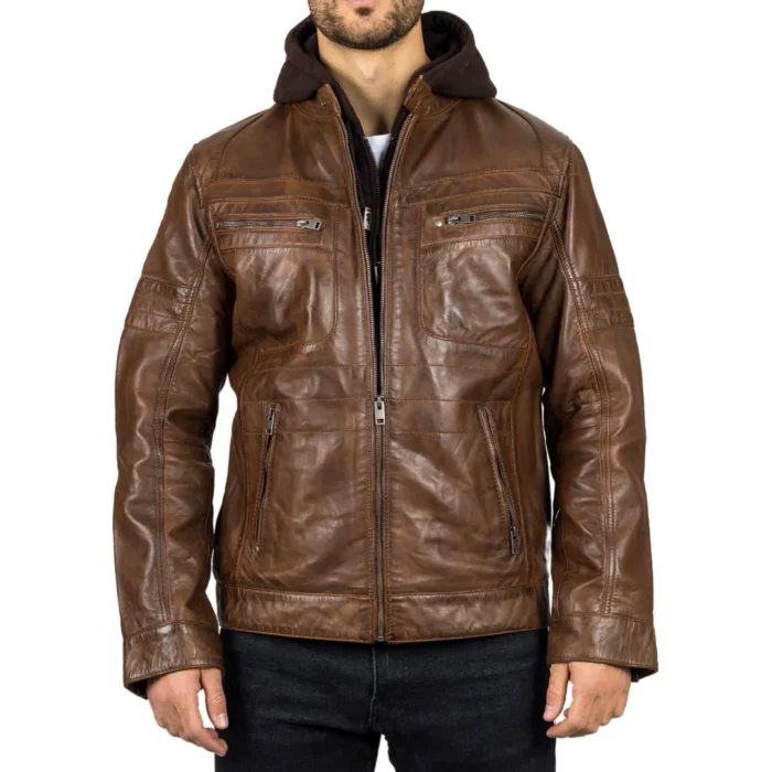 Men's Brown Hooded Genuine Leather Motorcycle Biker Jacket - Image 1