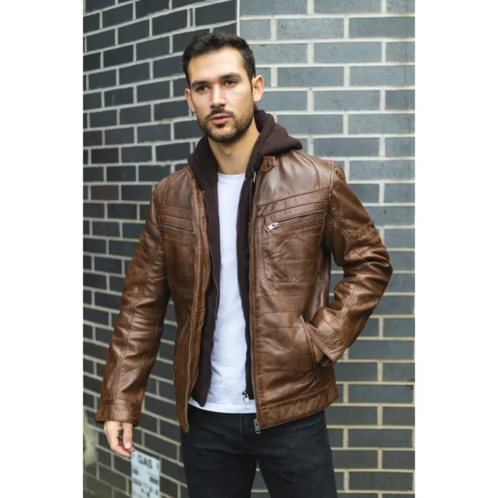 Men's Brown Hooded Genuine Leather Motorcycle Biker Jacket - Image 2