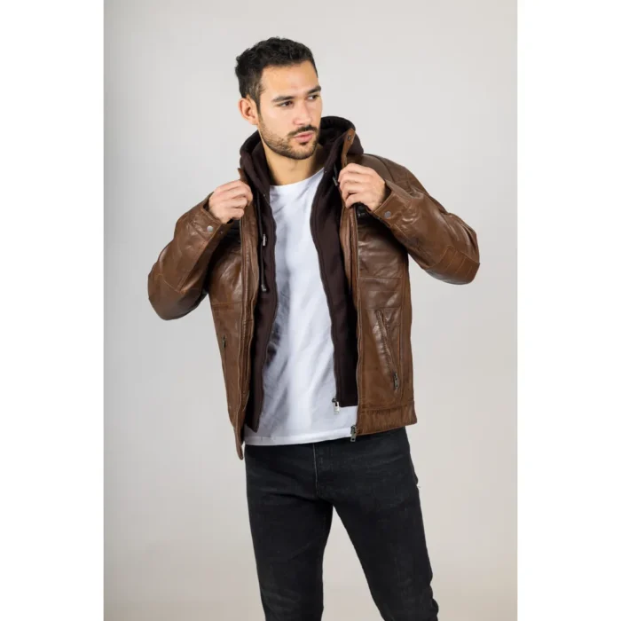 Men's Brown Hooded Genuine Leather Motorcycle Biker Jacket - Image 6