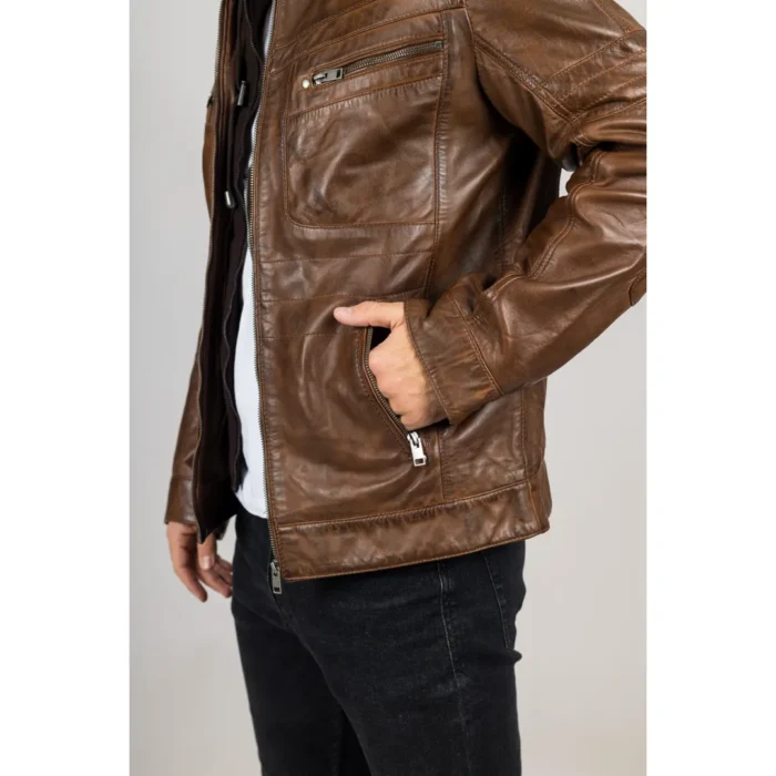 Men's Brown Hooded Genuine Leather Motorcycle Biker Jacket - Image 5