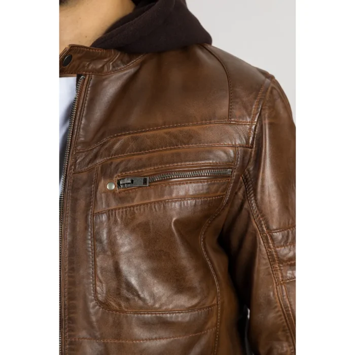 Men's Brown Hooded Genuine Leather Motorcycle Biker Jacket - Image 4