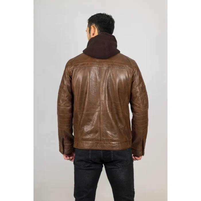 Men's Brown Hooded Genuine Leather Motorcycle Biker Jacket - Image 3