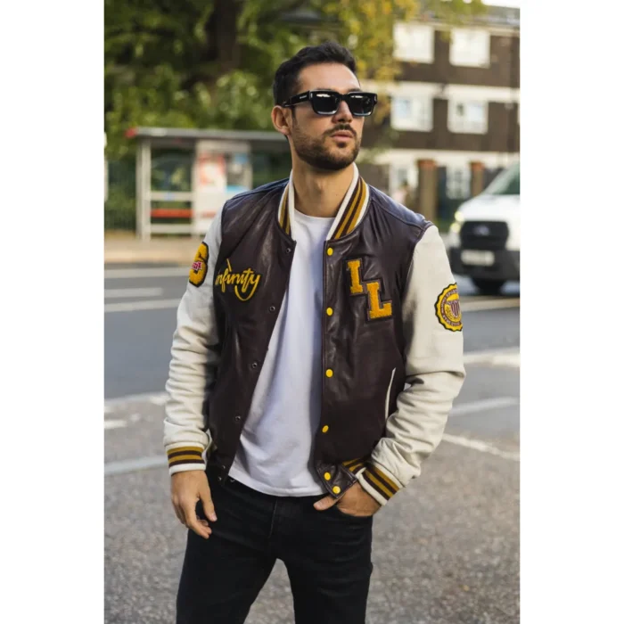Men's Burgundy Genuine Leather Bomber Jacket Baseball Letterman Coat - Image 2