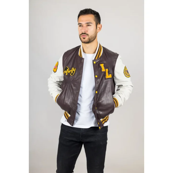 Men's Burgundy Genuine Leather Bomber Jacket Baseball Letterman Coat - Image 7