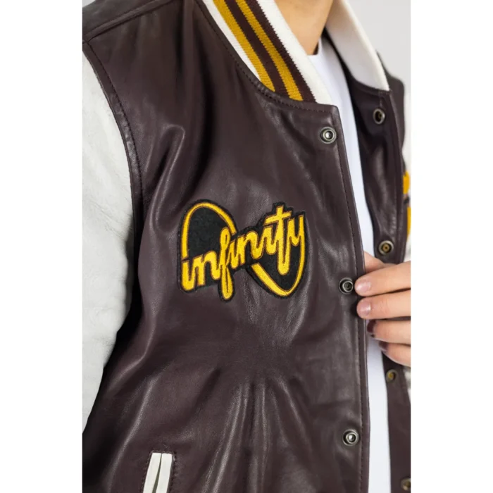 Men's Burgundy Genuine Leather Bomber Jacket Baseball Letterman Coat - Image 5