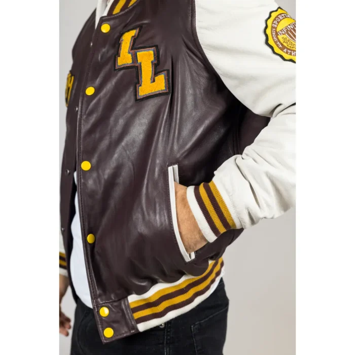 Men's Burgundy Genuine Leather Bomber Jacket Baseball Letterman Coat - Image 4
