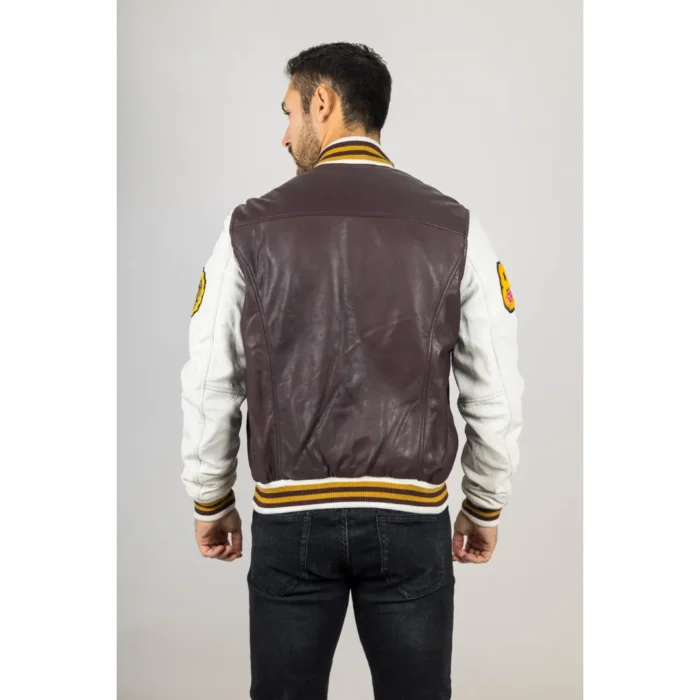Men's Burgundy Genuine Leather Bomber Jacket Baseball Letterman Coat - Image 3