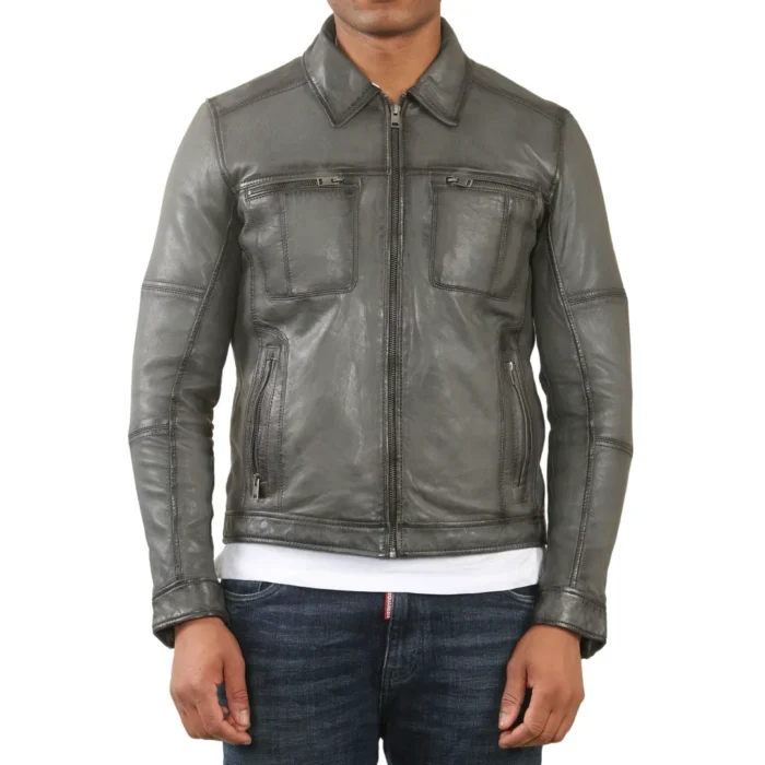 Men's Classic Collar Leather Biker Jacket - Image 1