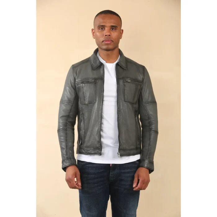 Men's Classic Collar Leather Biker Jacket - Image 6